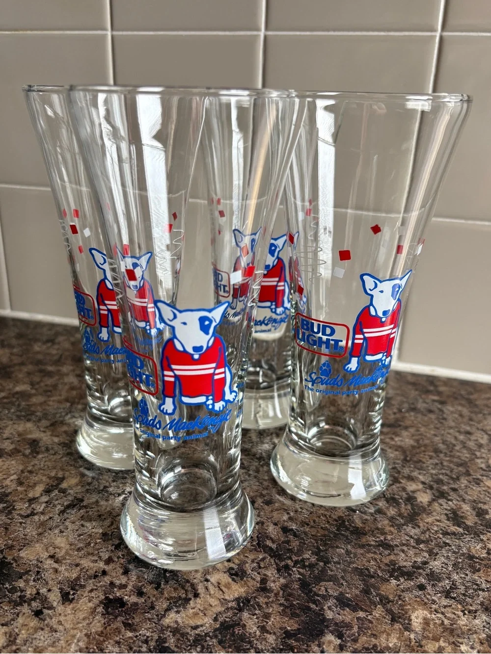Vintage 1987 Bud Light Spuds MacKenzie Beer Party Animal Glasses - Set of 4
